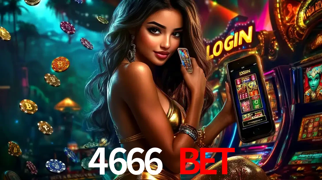 Mulher em um cenário de cassino temático de aventura, mostrando o app de caça-níqueis da 4666 BET no celular. Fichas de apostas flutuam ao redor.